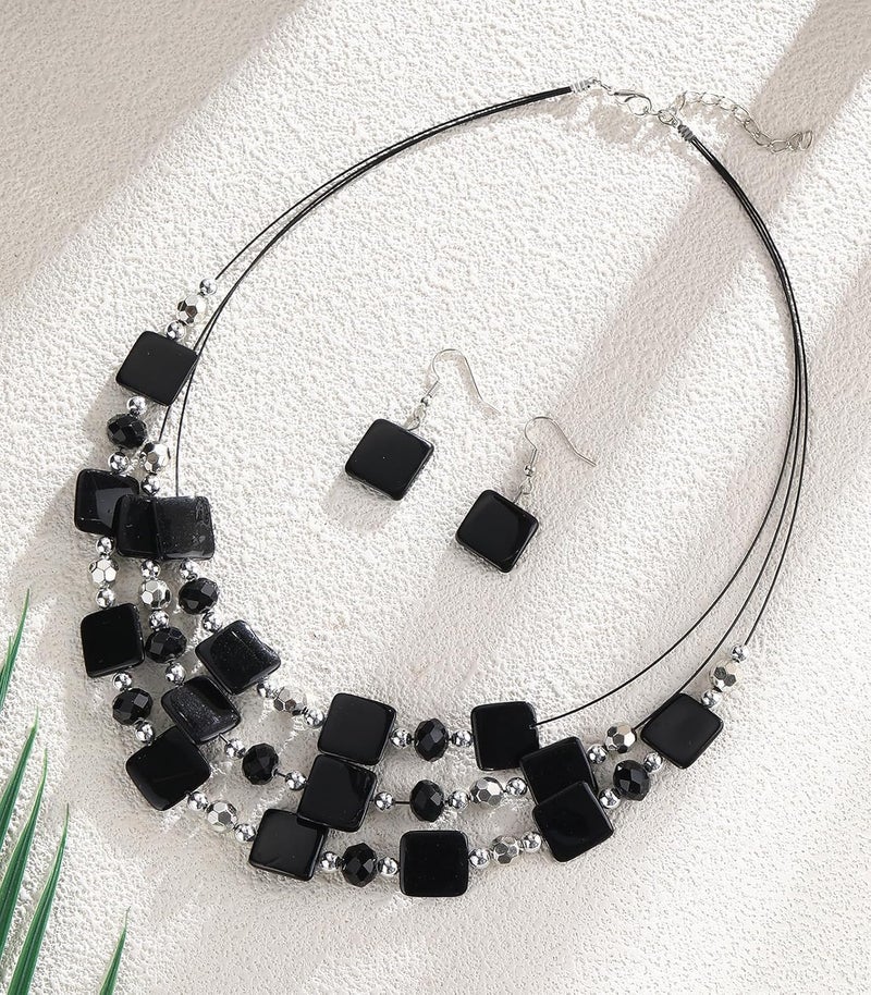 Errally Store Layered Beaded Statement Necklaces for Women Square Shell Bead Collar Necklace and Earring Set Birthday Gifts Boho Jewelry Sets for Women - Image 2